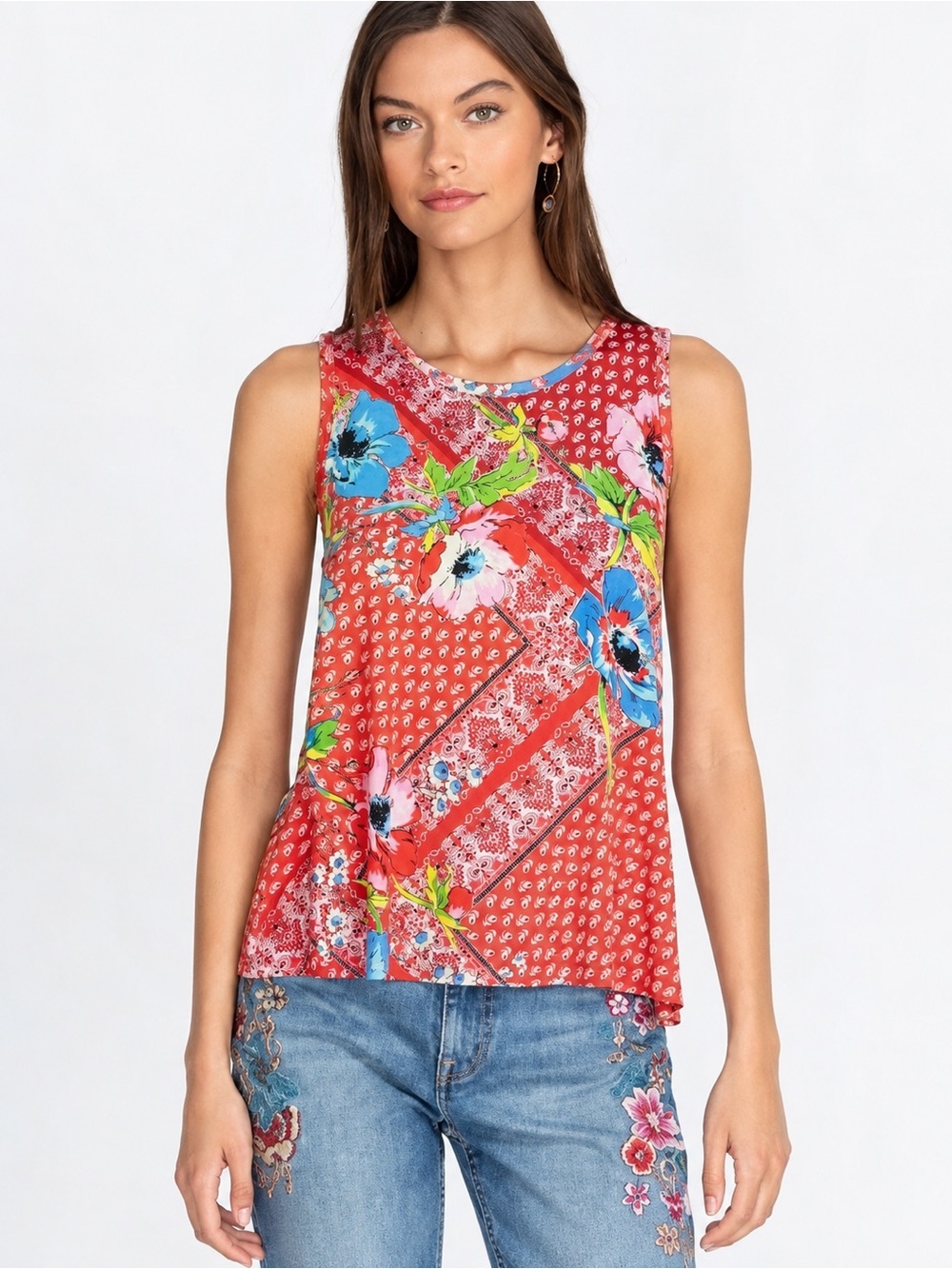 🌺 Johnny Was Coral Floral Bandana Print Tank Top Size Medium